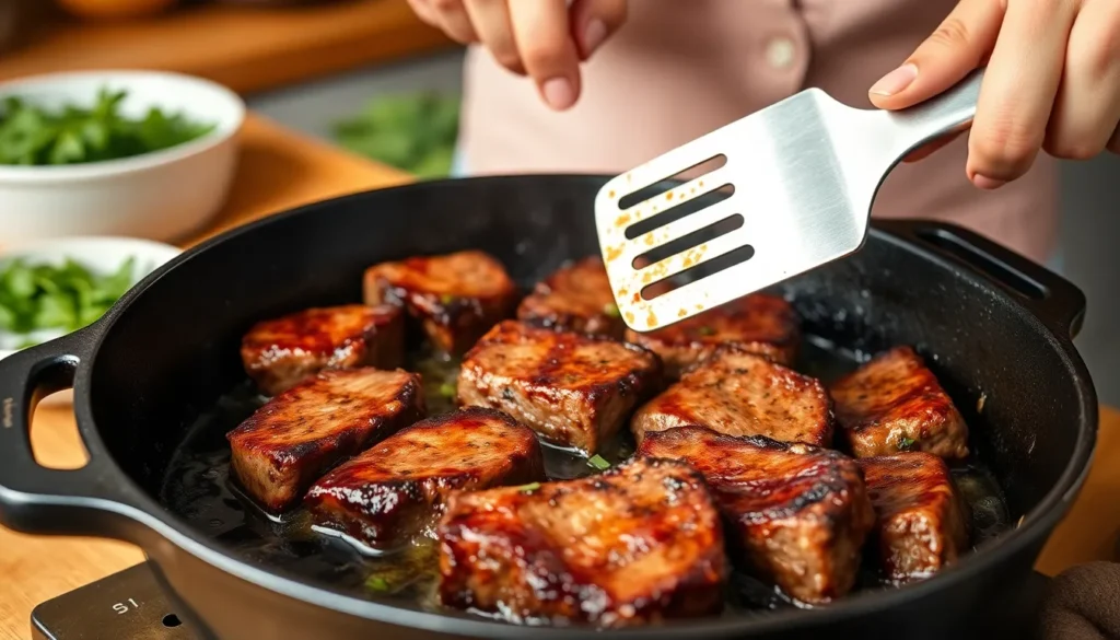 cooking steak tips on stove